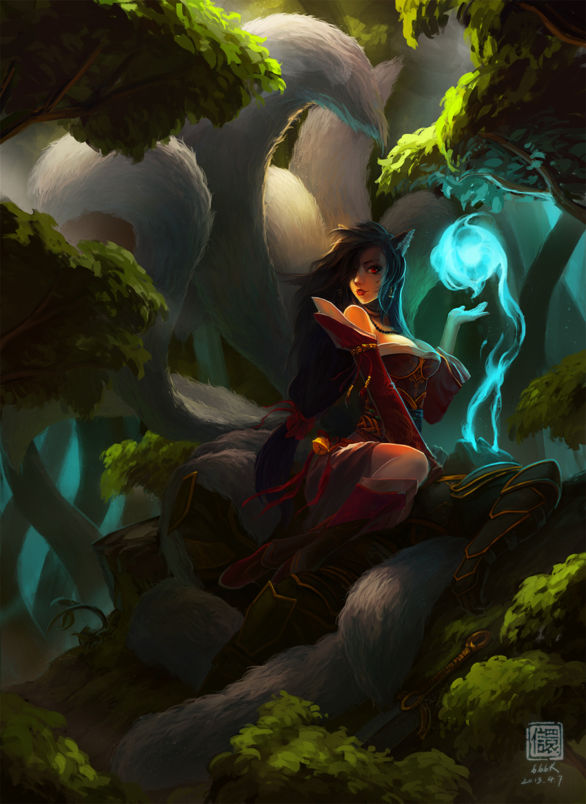 6kart absurdres ahri animal_ears armor black_hair boots breasts cleavage energy fox_ears fox_tail highres league_of_legends long_hair red_eyes signature sword tagme tail tree weapon