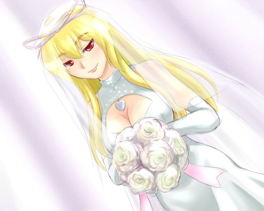 adder blonde_hair bouquet breasts cleavage cleavage_cutout dress dutch_angle elbow_gloves eyebrows flower gloves holding large_breasts pale_color pale_colors red_eyes rose smile solo touhou veil wedding wedding_dress white white_background white_rose yakumo_yukari