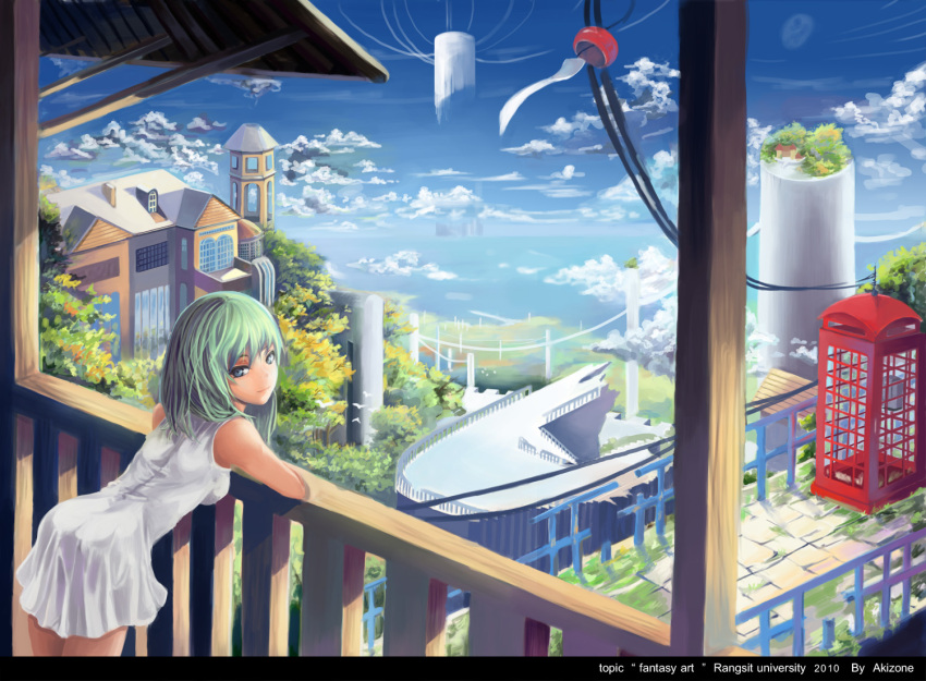 bird blue_eyes building cloud clouds dress green_hair leaning_forward light_smile looking_back original phone_booth scenery short_hair sky tree white_dress wind_chime