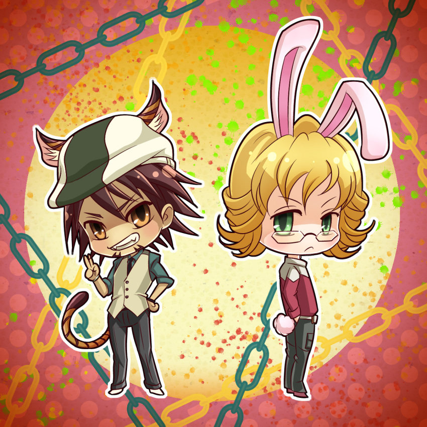 animal_ears barnaby_brooks_jr belt blonde_hair boots brown_eyes brown_hair bunny_ears bunny_tail bunnyboy cabbie_hat cat_ears catboy chain chains chibi facial_hair fangs frown glasses green_eyes grin hat highres hiramayu jacket kaburagi_t_kotetsu kemonomimi_mode male multiple_boys necktie red_jacket short_hair stubble tail tiger_&amp;_bunny tiger_ears tiger_tail v vest wristwatch