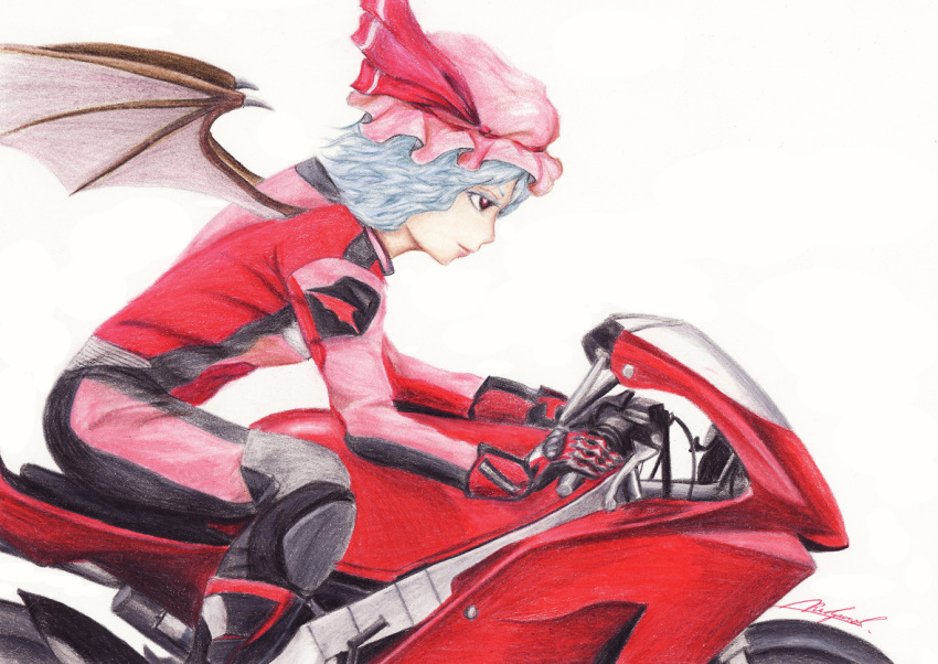 bat_wings bikesuit colored_eyelashes colored_pencil_(medium) hat motor_vehicle motorcycle profile red_eyes remilia_scarlet rpracing signature solo touhou traditional_media vehicle wings x="bat_wings