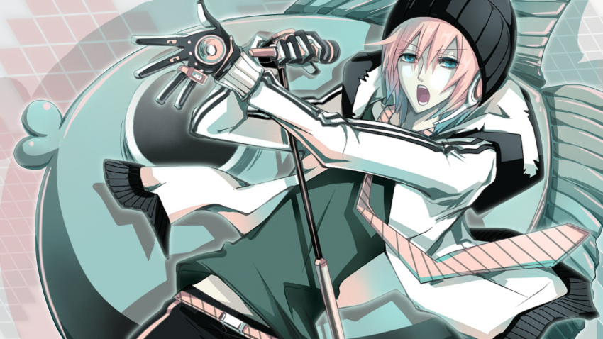 alternate_eye_color arm_up beanie black_gloves blue_eyes bonnet dutch_angle fish gloves hat hooded_jacket jacket jewelry male manbou_no_ane microphone microphone_stand necktie official_art open_mouth original outline pink_hair ring robot_ears singing solo speaker striped striped_necktie vocaloid vy2 white_jacket