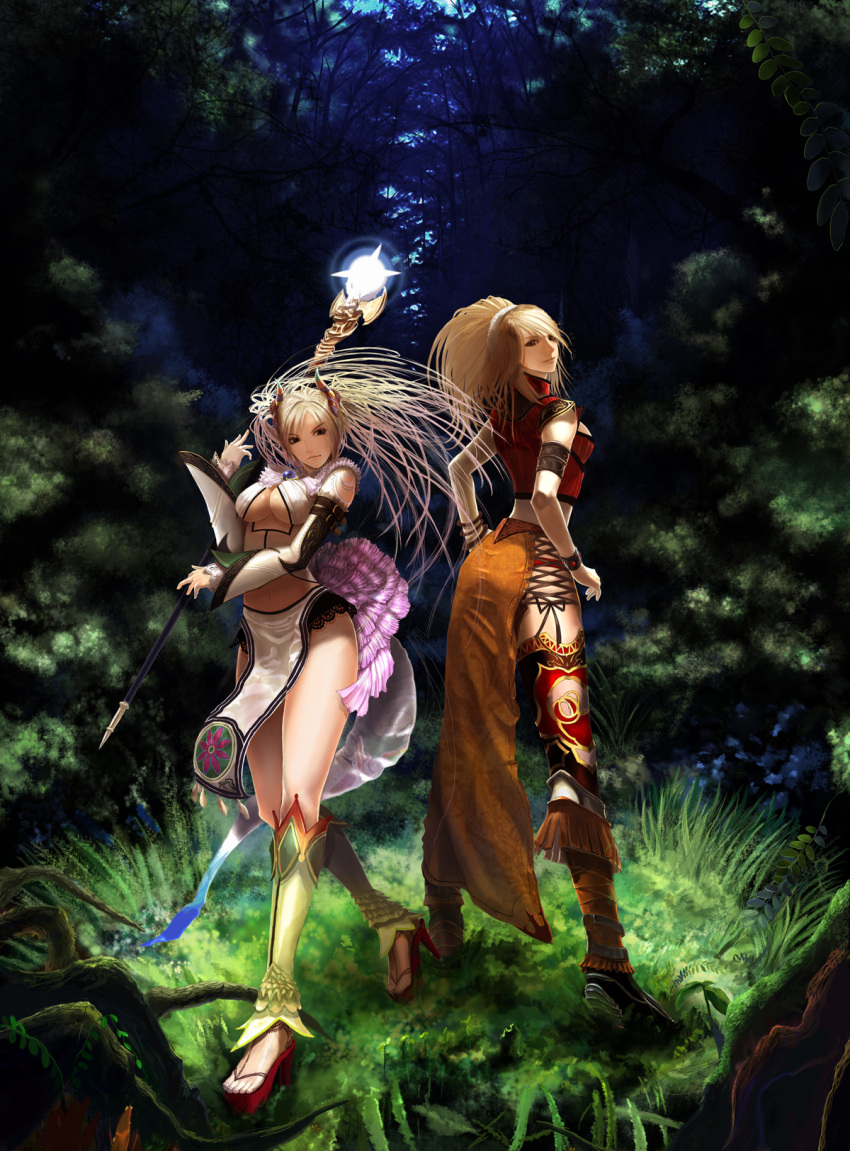 2girls bad_id boots bracelet breasts cleavage detached_sleeves forest highres horns multiple_girls nature original pelvic_curtian sandals staff tachikawa_mushimaro underboob wand