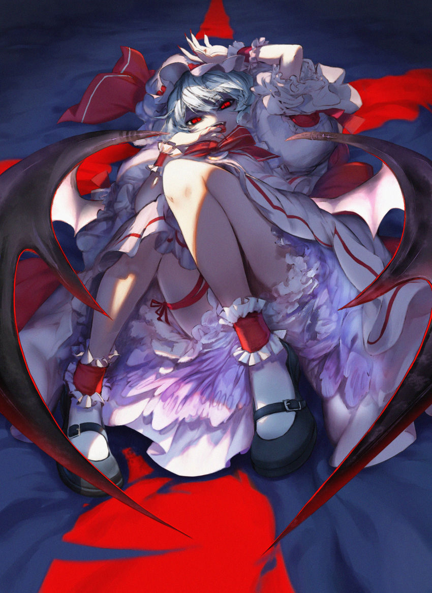 ankle_cuffs bat_wings blue_hair hat highres mamada mary_janes red_eyes remilia_scarlet shoes short_hair touhou wings wrist_cuffs