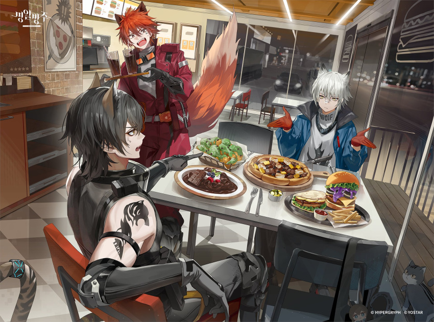 0jae 3boys amiya_(arknights) angry animal_ears aosta_(arknights) arknights bag black_cat black_hair black_shirt black_sleeves broca_(arknights) burger candy car cat chair character_doll checkered_floor chiave_(arknights) chocolate chocolate_bar commentary_request copyright_name copyright_notice crimes_against_food detached_sleeves doctor_(arknights) doll drink food fork fox_boy fox_ears fox_tail french_fries frown full_body gloves goggles goggles_around_neck grey_shirt highres holding holding_drink indoors infection_monitor_(arknights) jumpsuit knife korean_commentary looking_at_another motor_vehicle multiple_boys official_art open_mouth pizza pizza_slice plate pointing pointing_at_another red_eyes red_gloves red_hair red_jumpsuit sandwich shirt short_hair shoulder_tattoo sitting sleeveless sleeveless_shirt surprised table tail tail_belt tattoo teeth tiger_boy tiger_ears tiger_tail upper_teeth_only white_hair window wolf_ears yellow_eyes