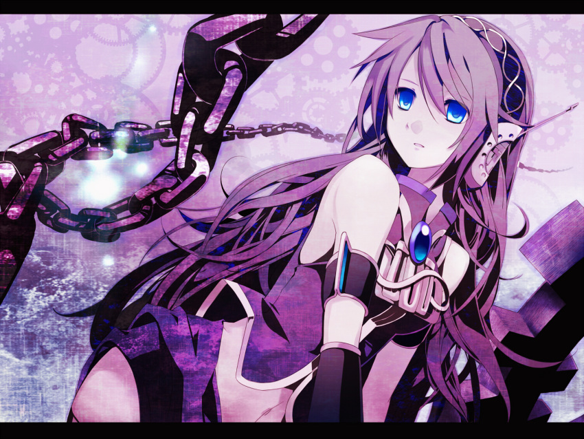 bad_id blue_eyes chain chains headphones highres letterboxed long_hair megurine_luka navel potchi solo thighhighs very_long_hair vocaloid