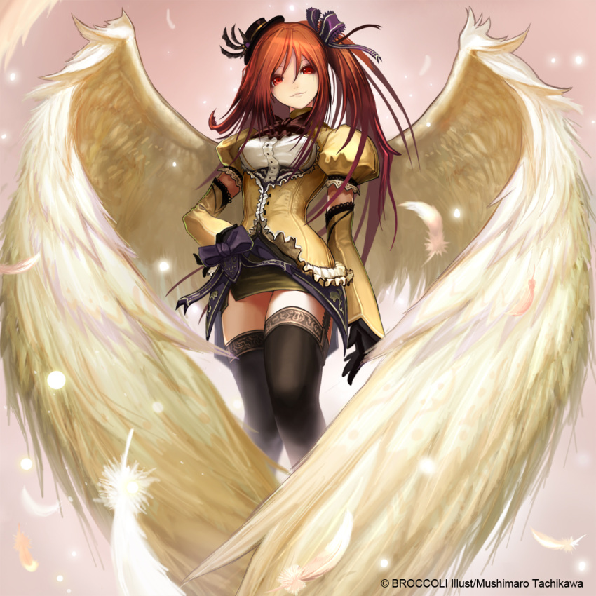 angel angel_wings aquarian_age black_gloves black_legwear bow brown_hair detached_sleeves elbow_gloves feathers frills garter_belt gloves hair_bow hat lace large_wings lips long_hair looking_at_viewer red_eyes red_hair side_ponytail skirt smile solo tachikawa_mushimaro thigh-highs thighhighs wings zettai_ryouiki
