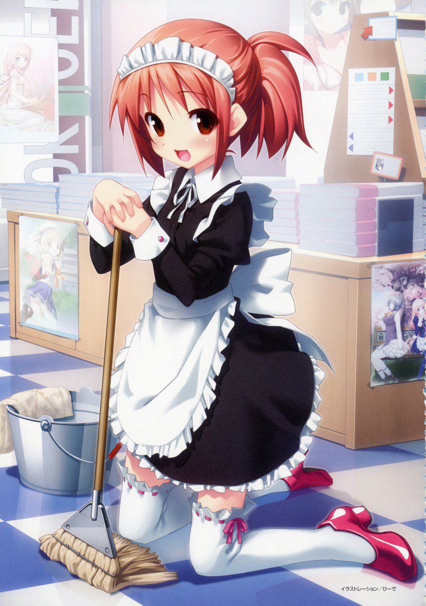 book broom bucket dress frills hairband high_heels highres hiide kneeling long_hair maid maid_headdress mop ponytail red_eyes red_hair redhead ribbon scan shoes skirt smile solo thigh-highs thighhighs