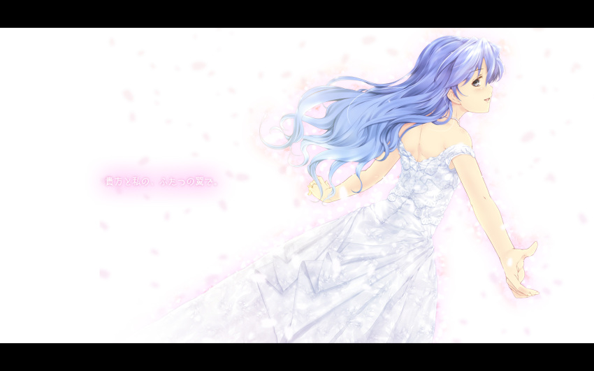 blue_hair dress highres idolmaster jewelry kisaragi_chihaya long_hair looking_back necklace outstretched_arms outstretched_hand reaching spread_arms wallpaper