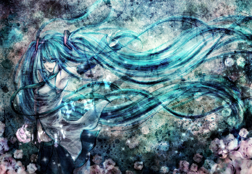 armpits blue blue_eyes blue_hair detached_sleeves hair_ornament hatsune_miku long_hair necktie open_mouth outstretched_arm outstretched_hand quuni skirt solo standing very_long_hair vocaloid