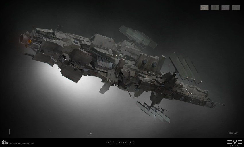 attack_ship_(eve_online) boundless_creation_(eve_online) cable commentary company_logo company_name concept_art copyright_logo copyright_name dated destroyer_(eve_online) english_commentary eve_online glowing grey_background grey_theme highres keyshot_(medium) logo maya_(medium) military_vehicle minmatar_republic_(eve_online) no_humans official_art photorealistic photoshop_(medium) radio_antenna realistic redesign rust science_fiction sobaku-chiuchiu spacecraft thrasher_(eve_online) thrusters vehicle_focus vehicle_name vernier_thrusters