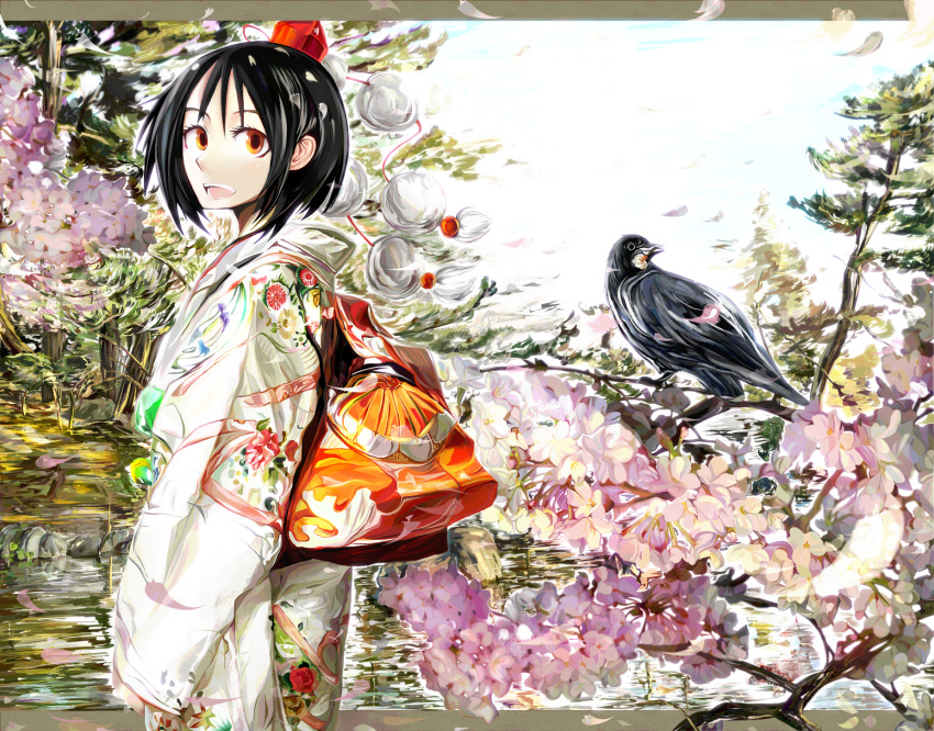 black_hair cherry_blossoms crow hat highres japanese_clothes kuro_kichi m.u.g.e.n shameimaru_aya short_hair tokin_hat touhou