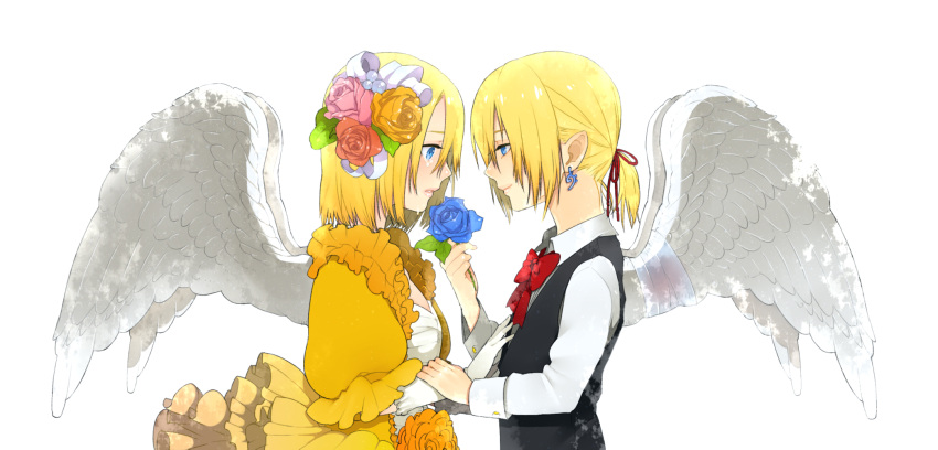 angel_wings aqua_eyes blonde_hair dress earrings flower gloves hair_flower hair_ornament hair_ribbon highres jewelry kagamine_len kagamine_rin kurono_yuu ribbon rose short_hair siblings smile tears twins vocaloid wings yellow_dress