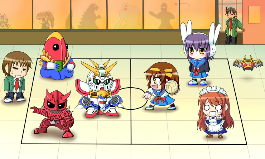 battle_dodgeball chibi crossover dodgeball dual_persona g_gundam god_gundam godzilla godzilla_(series) gundam kamen_rider kamen_rider_blade_(series) kamen_rider_den-o_(series) kamen_rider_garren kamen_rider_kiva_(series) kivat-bat_iii kyon kyonko metron metron_seijin momotaros nagato_yuki seiyuu_connection sugita_tomokazu suzumiya_haruhi suzumiya_haruhi-chan_no_yuuutsu suzumiya_haruhi_no_yuuutsu taniguchi ultra_series ultraman yoni_(rice42)