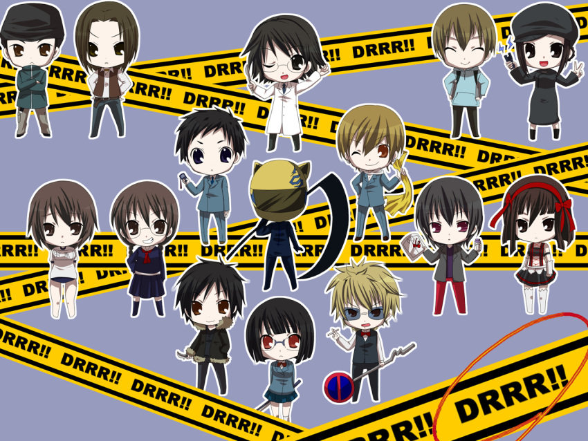 animal_ears bad_id belt black_hair blonde_hair blue_eyes bob_cut bodysuit braid brown_eyes brown_hair cat_ears caution_tape cellphone celty_sturluson chibi cigarette coat durarara!! glasses gym_uniform hair_ribbon hairband hat heiwajima_kasuka heiwajima_shizuo helmet hijiribe_ruri kadota_kyouhei kaneda_(pincc) karisawa_erika kida_masaomi kishitani_shinra knife labcoat motorcycle_helmet open_mouth orihara_izaya orihara_kururi orihara_mairu phone pleated_skirt red_eyes ribbon ryuugamine_mikado scarf school_uniform scythe sign skirt smile sonohara_anri stun_gun sunglasses sword taser thighhighs togusa_saburou twin_braids v vest weapon wink yumasaki_walker