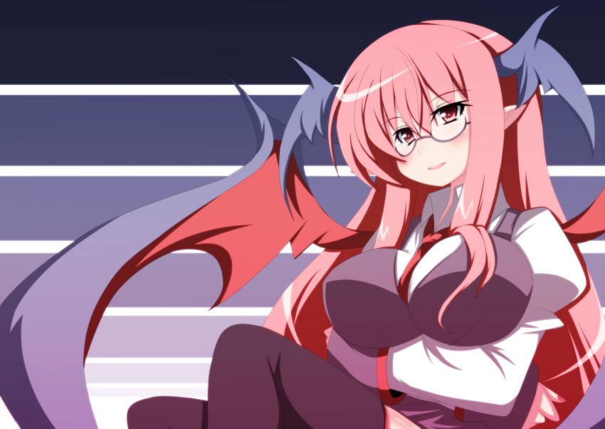 :d bat_wings bespectacled between_breasts black_legwear blush breast_hold breasts dress_shirt glasses head_wings highres impossible_clothes impossible_shirt koakuma large_breasts long_hair glasses nail_polish necktie oborotsuki_kakeru open_mouth pointy_ears red_eyes red_hair shirt skindentation skirt skirt_set smile solo touhou vest wings