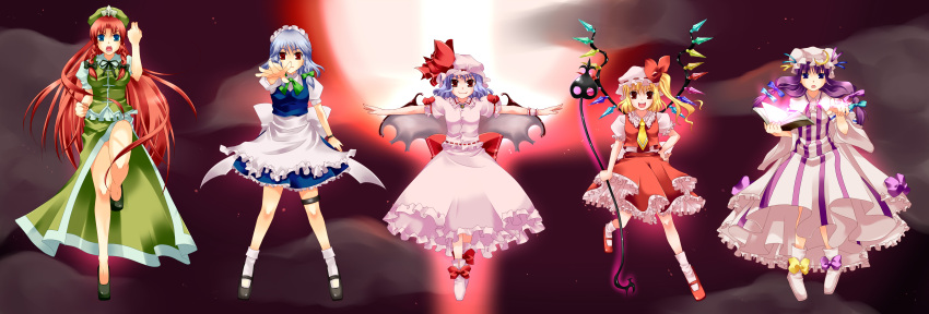 bat_wings blonde_hair blue_eyes book braid china_dress chinadress chinese_clothes erika_(mare_serenitatis) flandre_scarlet hairband hat highres hong_meiling izayoi_sakuya lavender_hair long_hair long_image maid maresere moon outstretched_arms patchouli_knowledge ponytail purple_eyes purple_hair red_eyes red_hair red_moon remilia_scarlet ribbon short_hair side_ponytail silver_hair spread_arms touhou twin_braids wide_image wings