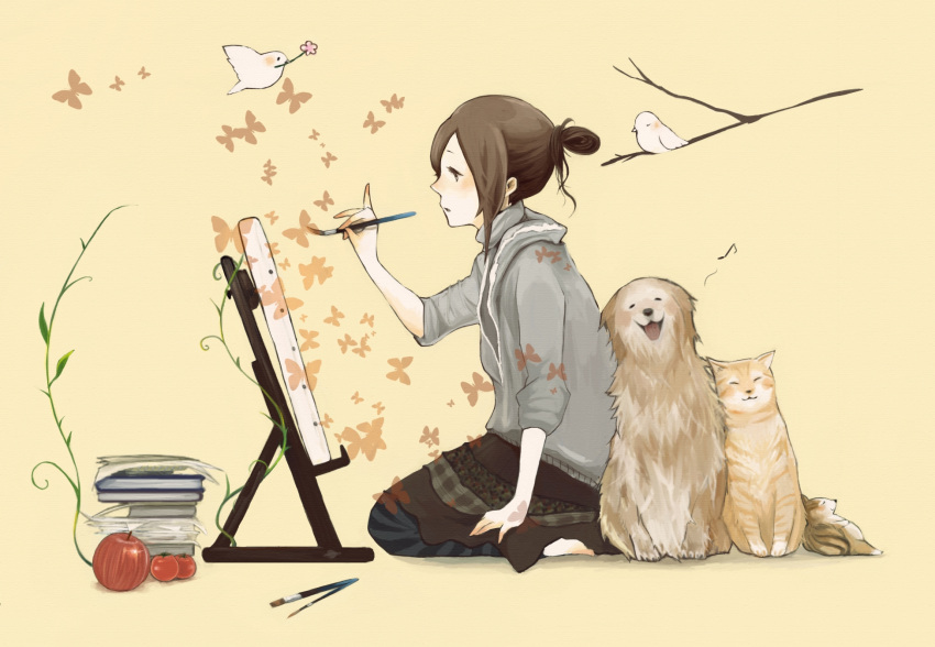 brown_hair cat coba dog easel highres kneeling original paintbrush painting short_hair skirt sleeves_pushed_up solo sweater