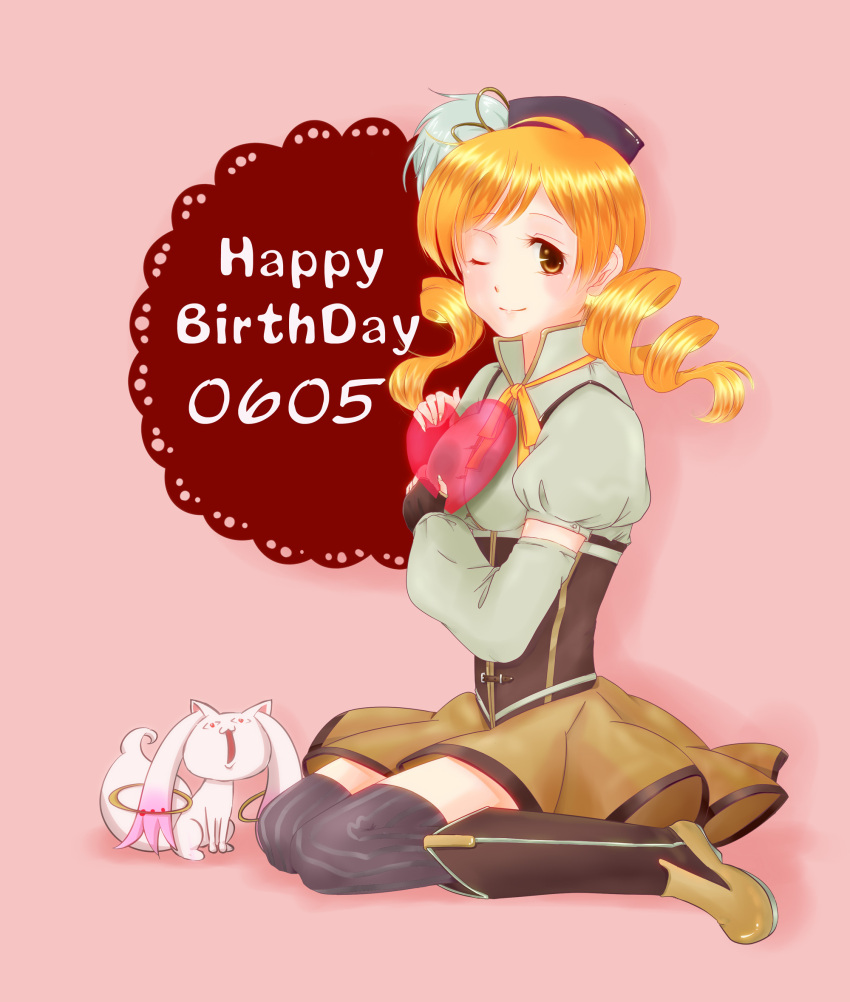 black_legwear blonde_hair boots breasts corset detached_sleeves drill_hair fingerless_gloves gloves hair_ornament happy_birthday hat heart highres knee_boots kneeling kyubey large_breasts long_hair magical_girl mahou_shoujo_madoka_magica object_hug open_mouth pleated_skirt puffy_sleeves ribbon simple_background sitting skirt taut_shirt thigh-highs thighhighs tomoe_mami toy9 vertical-striped_legwear vertical_stripes wariza wink yellow_eyes zettai_ryouiki