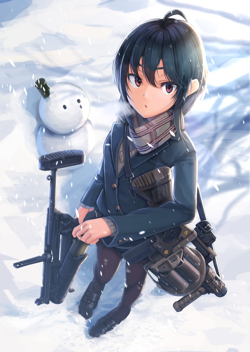 1girl absurdres ahoge black_hair breath brown_eyes commentary dreadtie grenade_launcher highres holding holding_weapon loafers original pantyhose scarf school_uniform shoes snow snowing snowman solo weapon weapon_request