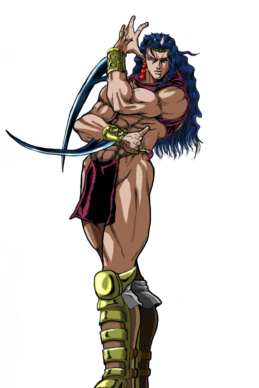 1boy arm_blade blue_hair boots cars_(jojo) earrings highres horns jewelry jojo_no_kimyou_na_bouken loincloth lonelywolfzero long_hair manly muscle posing solo vambraces weapon