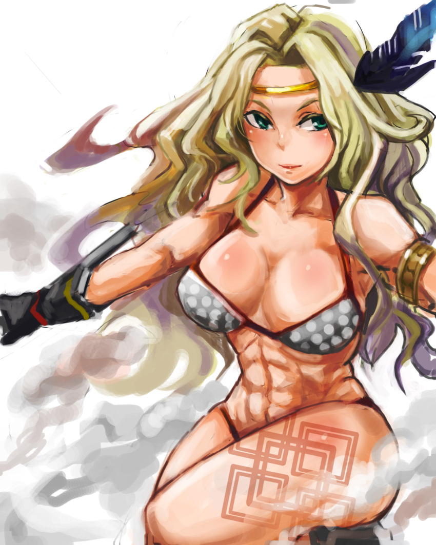 abs amazon_(dragon's_crown) amazon_(dragon's_crown) armband armlet armor bad_id bikini bikini_armor blonde_hair boots breasts circlet dragon's_crown dragon's_crown feather feathers gloves green_eyes headband highres large_breasts long_hair muscle muscular_female solo swimsuit tattoo thick_thighs thighs thong vanillaware
