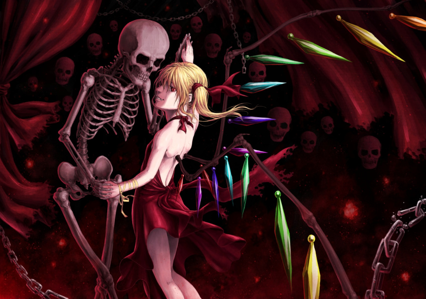 adult back chain chains crystal curtains dancing dress flandre_scarlet hand_holding highres holding_hands red red_dress skeleton skull smile solo tatsuya_(atelier_road) touhou vampire wings
