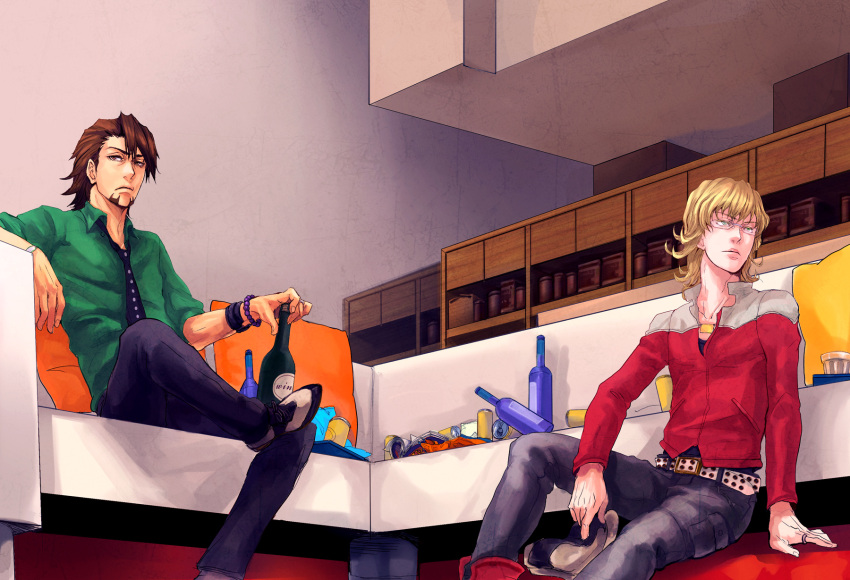 alcohol bad_id barnaby_brooks_jr belt blonde_hair boots bracelet brown_eyes brown_hair cabbie_hat chips couch facial_hair food glasses green_eyes hat highres jacket jewelry kaburagi_t_kotetsu male multiple_boys necktie perspective red_jacket short_hair sitting smile stubble studded_belt tiger_&amp;_bunny watch wine wristwatch yt-nagi