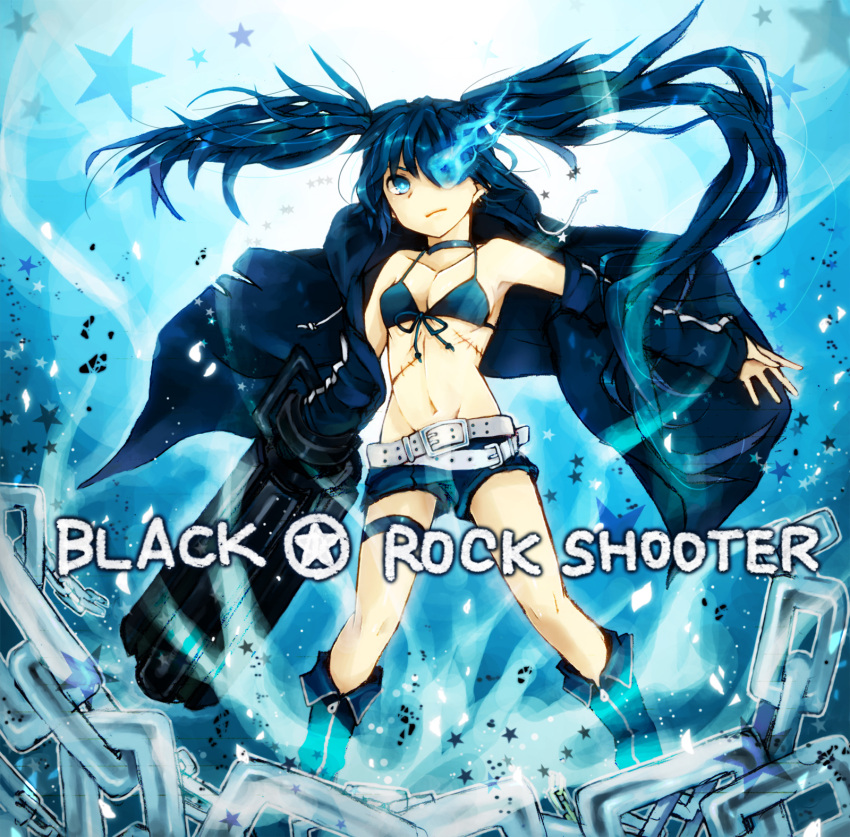 arm_cannon bikini_top black_hair black_rock_shooter black_rock_shooter_(character) blue_eyes blue_flame boots chain chains glowing glowing_eyes highres kusabe_ichii long_hair midriff navel scar shorts smile solo twintails uneven_twintails very_long_hair weapon