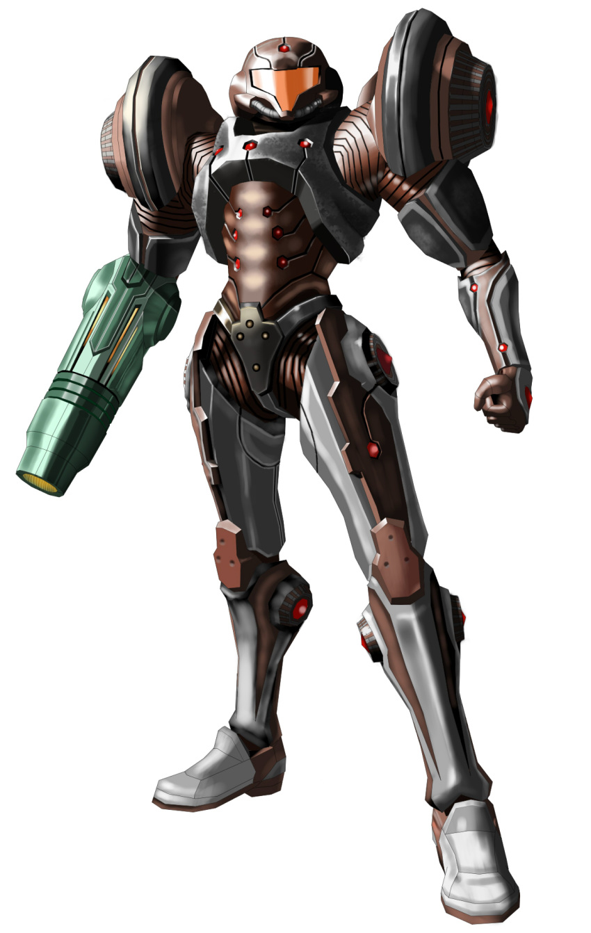 boots corruptroid dark_suit gun helmet highres metroid nintendo power_armor power_suit samus_aran simple_background solo weapon