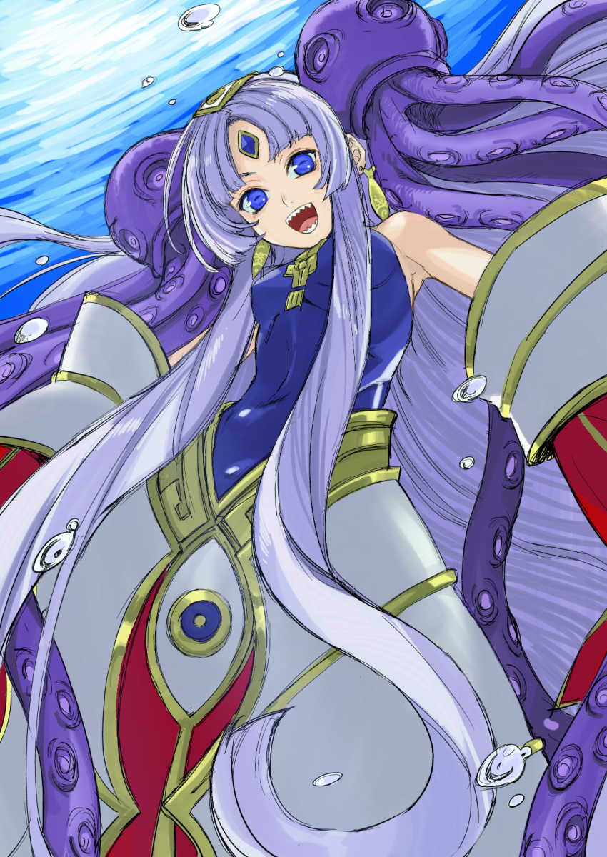 blue_eyes blue_hair bubble culdcept endaness forehead_jewel highres hime_cut kimuchi long_hair open_mouth sharp_teeth tentacle tentacles underwater very_long_hair