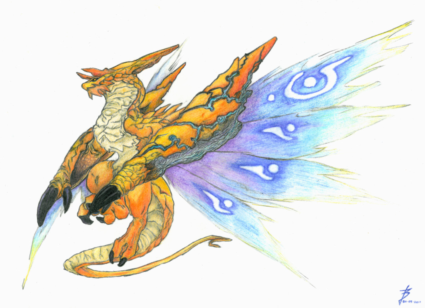 absurdres alternate_form breath_of_fire breath_of_fire_iv capcom claws crayon dragon fabsedda high_res highres horns monster ryuu_(breath_of_fire_iv) signature solo spoilers traditional_media wings yellow_eyes