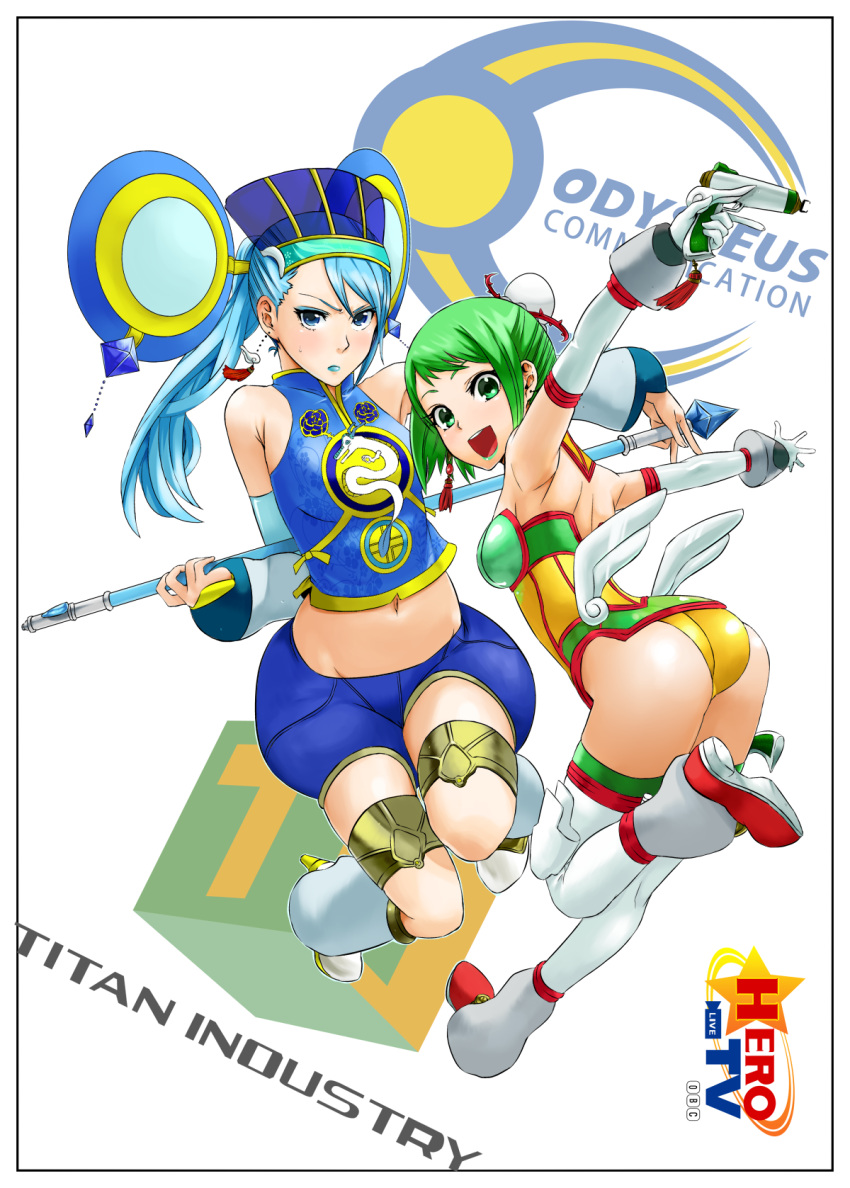 ass bad_id bare_shoulders blue_eyes blue_hair blue_rose_(tiger_&amp;_bunny) boots cosplay costume_switch detached_sleeves dragon_kid earrings elbow_gloves gloves green_eyes green_hair gun hat highres huang_baoling ishikana jewelry karina_lyle lipstick makeup multiple_girls navel paolin_huan ponytail product_placement short_hair staff thigh-highs thigh_boots thighhighs tiger_&amp;_bunny weapon wings