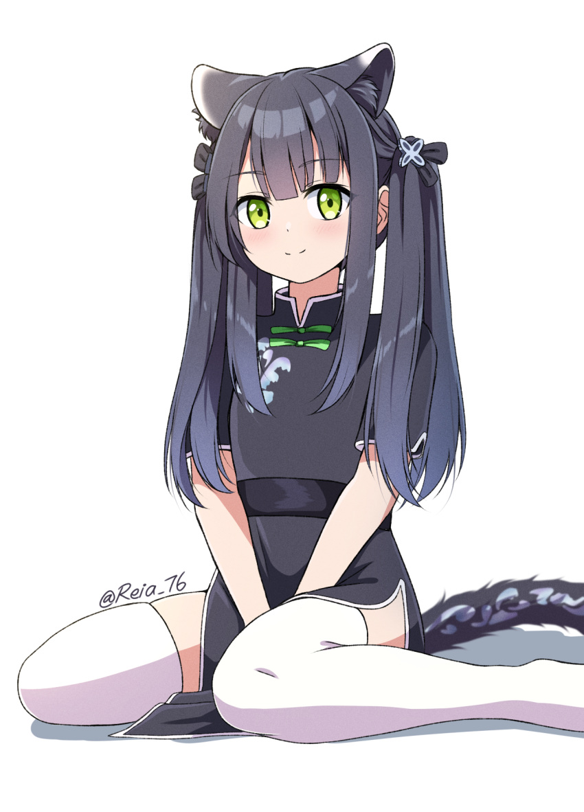 1girl animal_ear_fluff animal_ears artist_name bangs black_dress black_hair blue_archive blunt_bangs china_dress chinese_clothes dress green_eyes highres long_hair reia_76 short_sleeves shun_(blue_archive) sitting smile solo thigh-highs tiger_ears twintails white_legwear