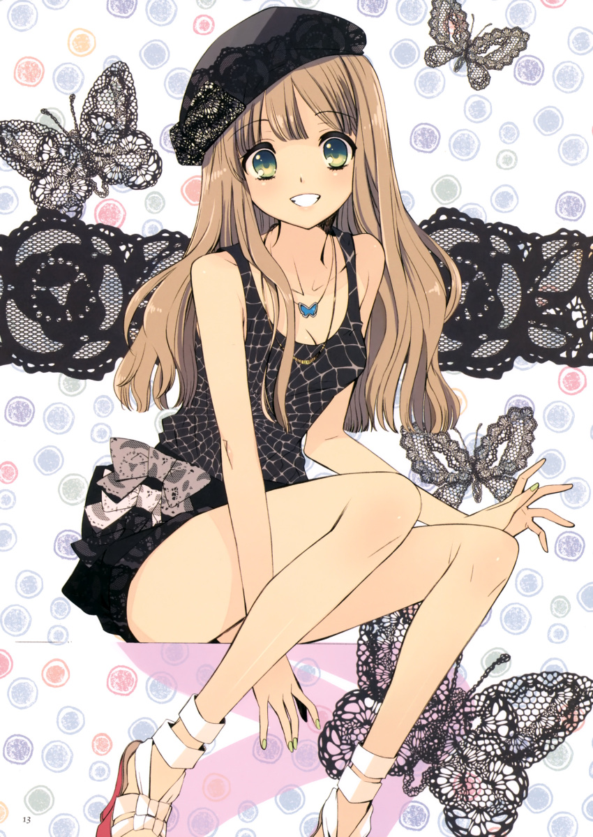 breasts brown_hair butterfly cleavage green_eyes hat highres itou_noiji long_hair nail_polish original sitting smile source_request teeth