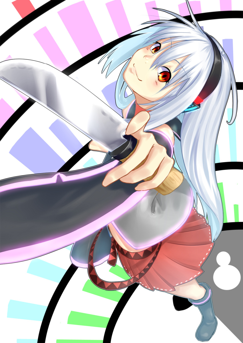 boots detached_sleeves headphones highres knife long_hair midriff mossari_poteto perspective red_eyes silver_hair skirt smile solo sukone_tei utau very_long_hair