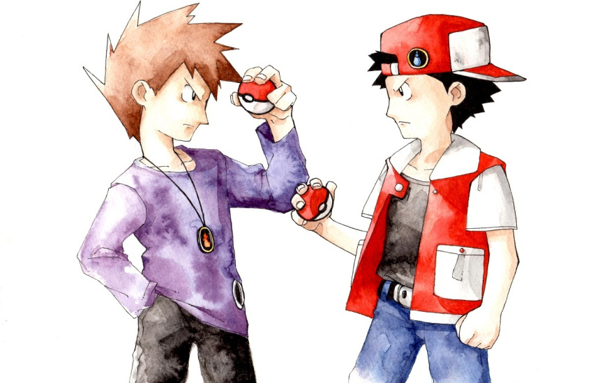 2boys multiple_boys ookido_green ookido_green_(classic) poke_ball pokemon pokemon_(game) pokemon_red_and_green pokemon_rgby red_(pokemon) red_(pokemon)_(classic)