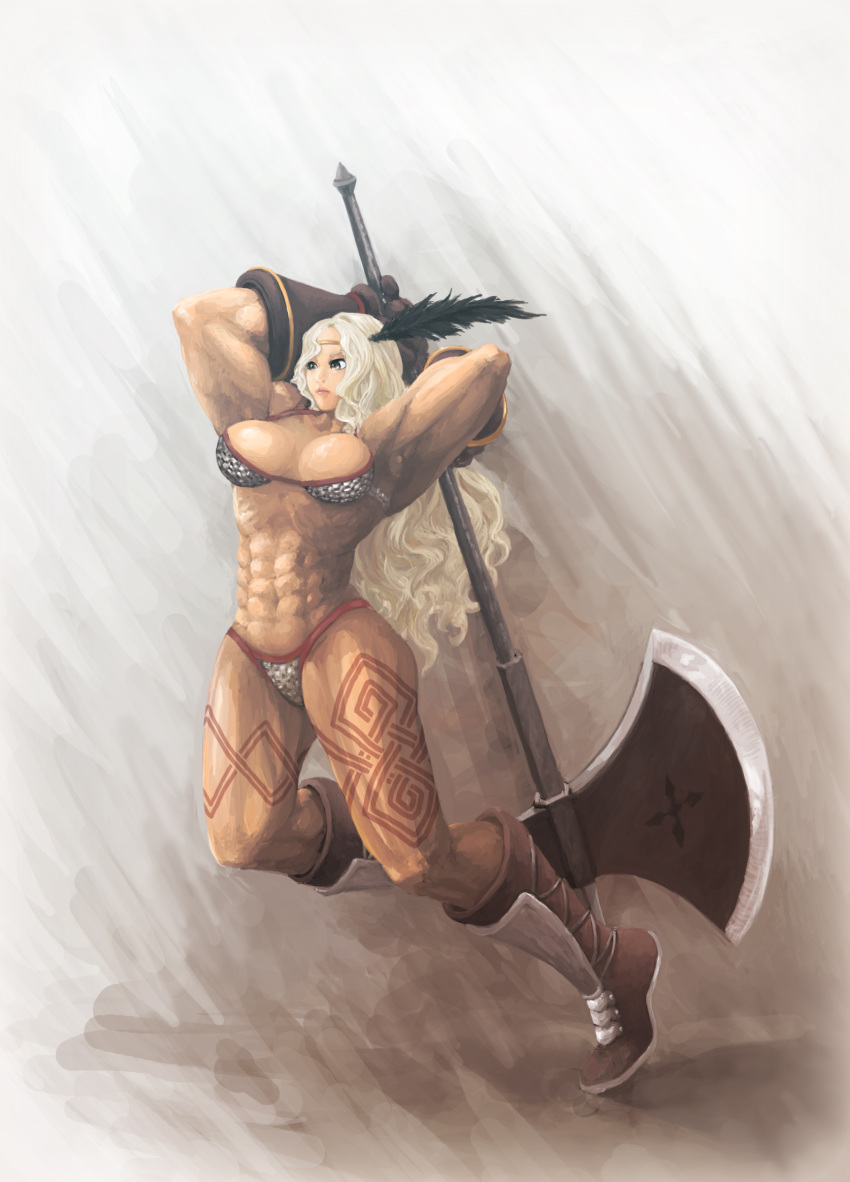 amazon_(dragon's_crown) amazon_(dragon's_crown) armor axe bikini_armor blonde_hair boots breasts circlet dragon's_crown dragon's_crown feathers gloves highres long_hair muscle muscular_female solo thick_thighs thighs vanillaware weapon