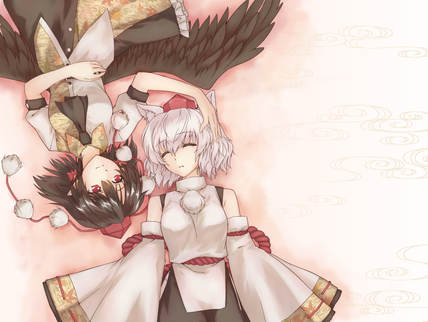 abo_(hechouchou) animal_ears ascot black_hair black_wings caesar_et_cleopatra closed_eyes cover cover_page detached_sleeves doujin_cover dress_shirt earrings hat highres inubashiri_momiji jewelry multiple_girls pointy_ears pom_pom_(clothes) red_eyes rotational_symmetry shameimaru_aya shirt short_hair silver_hair skirt sleeping smile tokin_hat touhou wallpaper white_hair wide_sleeves wings wolf_ears