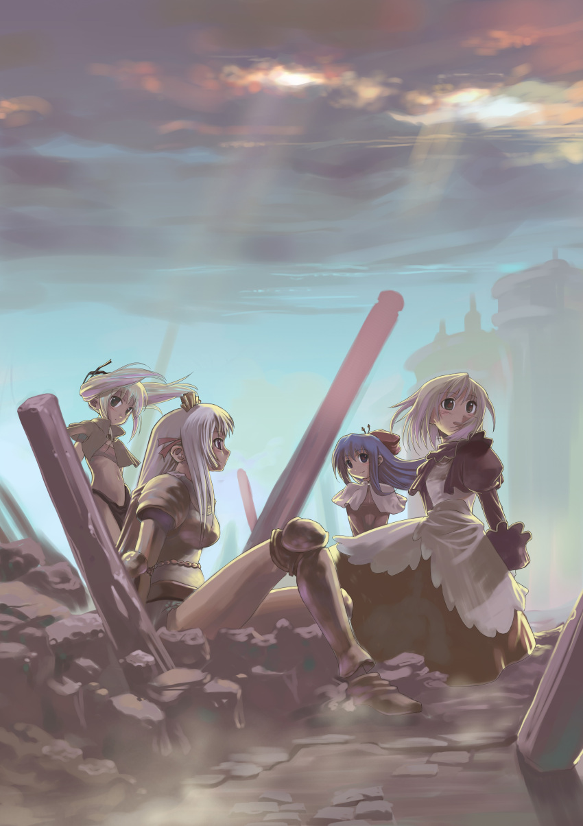 absurdres acolyte highres knight knight_(ragnarok_online) mage_(ragnarok_online) merchant merchant_(ragnarok_online) morii_shizuki multiple_girls ragnarok_online sky swordsman