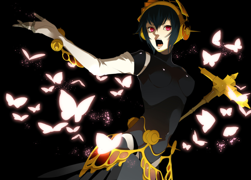 black_hair butterfly hammer headdress metis open_mouth persona persona_3 red_eyes shirano short_hair simple_background solo weapon