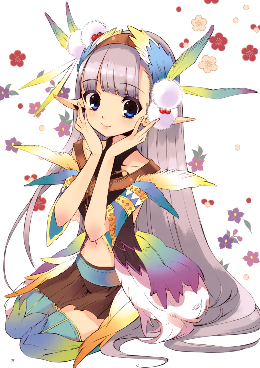 bangs blue_eyes blunt_bangs colorful elf grey_hair hands_on_face hands_on_own_face highres itou_noiji long_hair navel original pointy_ears sitting smile thighhighs very_long_hair wariza zettai_ryouiki