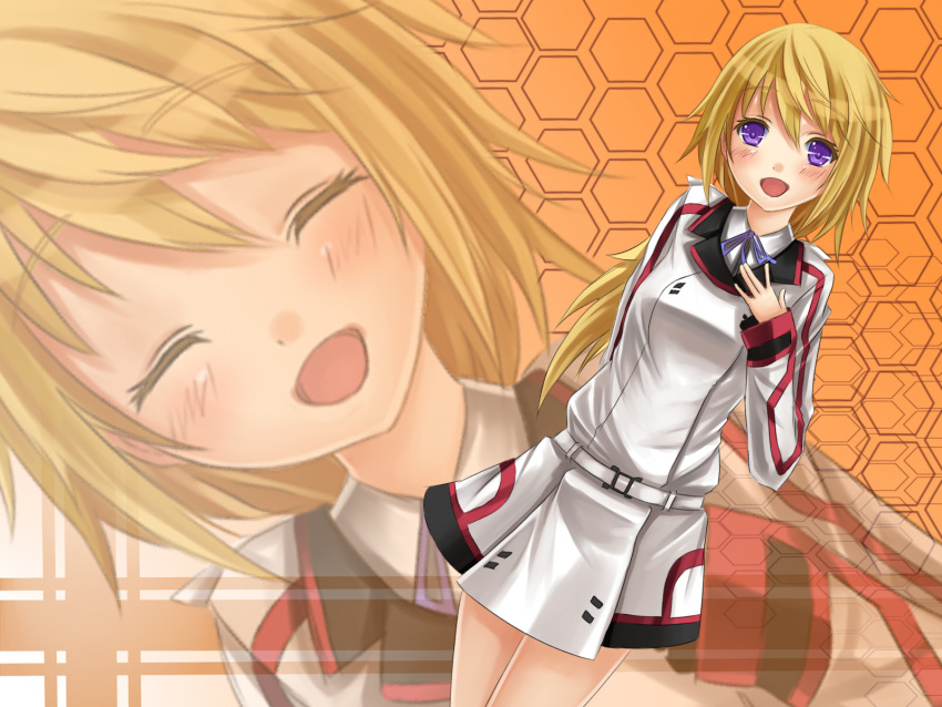 :d bad_hands blonde_hair blush charlotte_dunois closed_eyes eyes_closed happy highres infinite_stratos jpeg_artifacts long_hair open_mouth purple_eyes reio_(reio_reio) reio_reio smile solo uniform violet_eyes zoom_layer