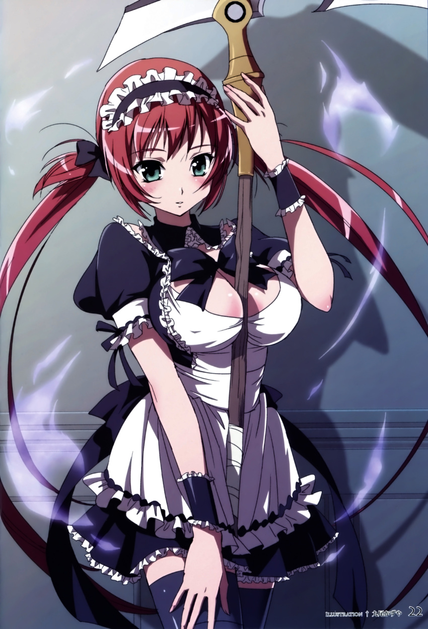 :d absurdres airi bandage bandages bangs between_breasts black_legwear blush body_blush bow breasts cleavage detached_collar dress embarrassed erect_nipples fire frilled_dress frills glowing green_eyes hair_bow hairband hand_on_thigh highres kuo_kazuya large_breasts long_hair looking_at_viewer maid maid_headdress open_mouth queen's_blade queen's_blade red_hair redhead ribbon scan scythe shadow short_dress skirt smile solo standing thigh-highs thighhighs transparent twintails very_long_hair weapon wrist_cuffs zettai_ryouiki