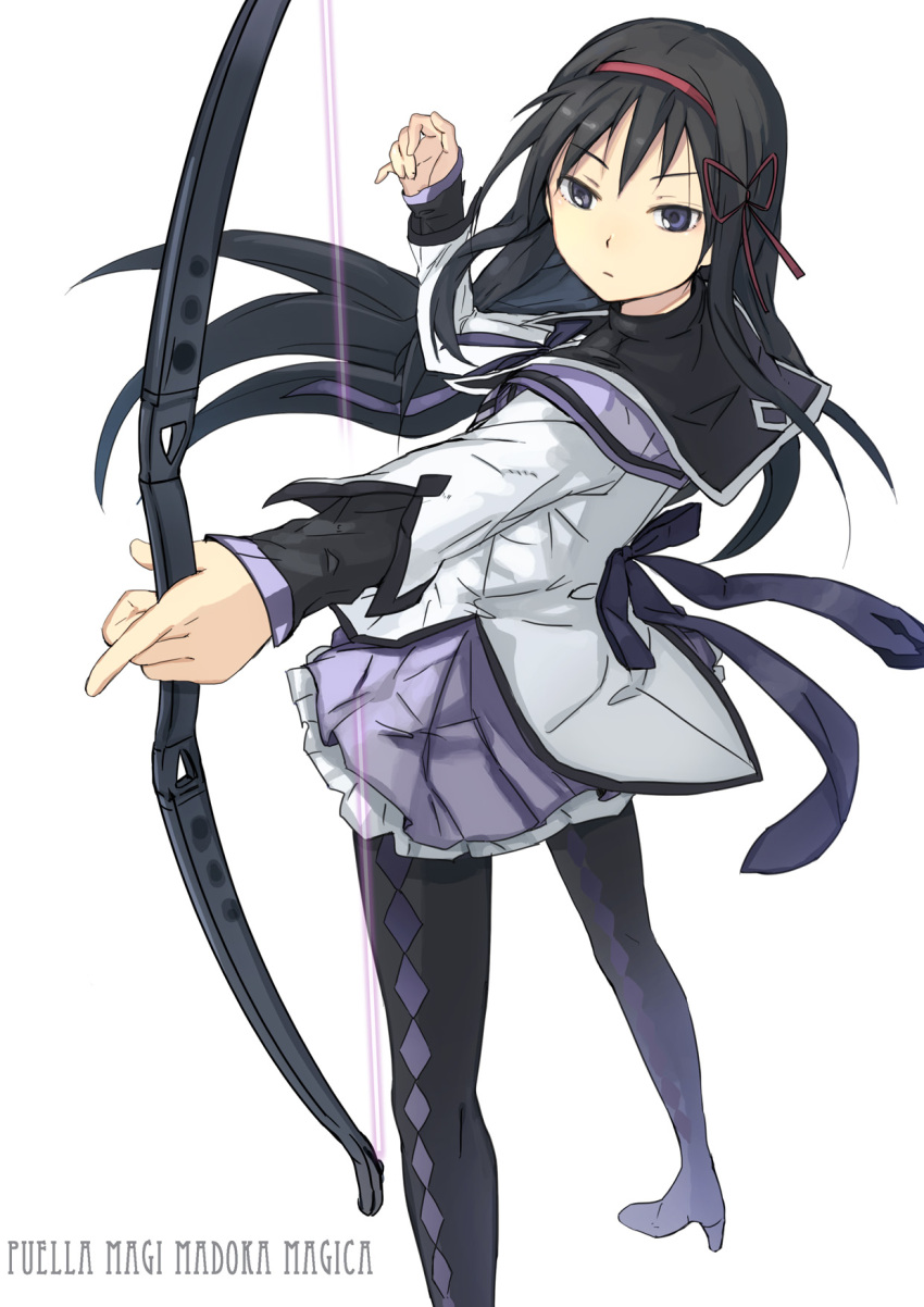 akemi_homura alternate_hairstyle argyle argyle_legwear bad_id black_hair black_legwear boots bow bow_(weapon) foreshortening frilled_skirt frills hair_ornament hairband high_heels highres hihara_you leggings long_hair magical_girl mahou_shoujo_madoka_magica outstretched_arm pantyhose perspective pleated_skirt purple_eyes ribbon shoes simple_background skirt solo standing thigh_boots thighhighs violet_eyes weapon