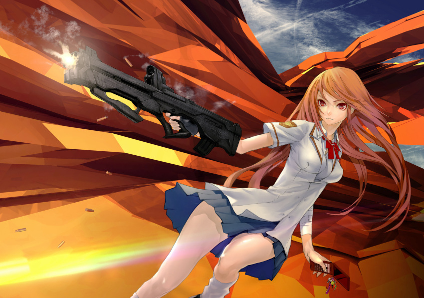 bandage bullpup casing_ejection cellphone cellphone_charm copyright_request fingerless_gloves firing gloves gun highres long_hair muzzle_flash orange_hair phone pleated_skirt red_eyes redjuice rifle school_uniform seifuku shell_casing short_sleeves single_glove skirt solo weapon