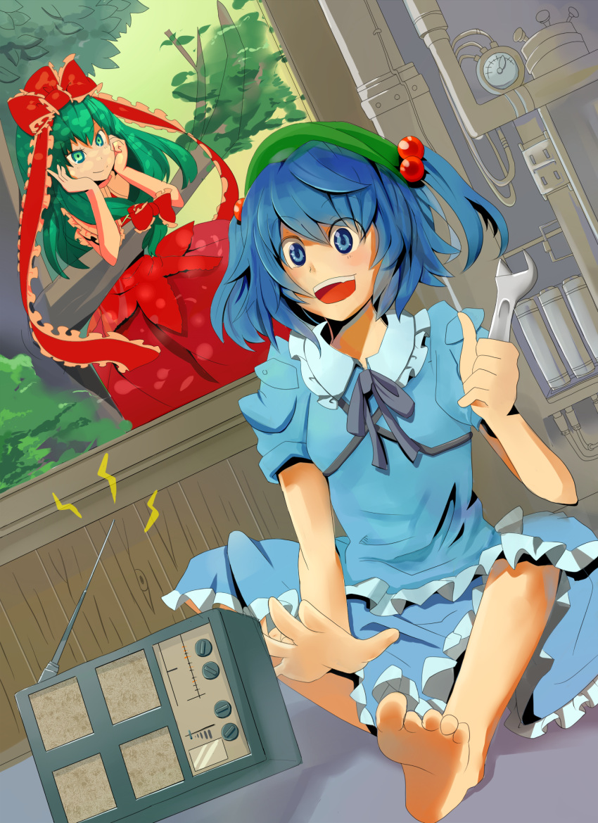 ascot barefoot blue_eyes blue_hair bow cap chin_rest dress feet green_eyes green_hair hair_bobbles hair_bow hair_ornament hat highres kagiyama_hina kawashiro_nitori multiple_girls open_mouth radio short_twintails sitting smile touhou tree twintails wrench yuki_ahiru