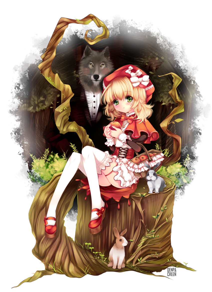 basket big_bad_wolf_(grimm) blonde_hair blush bow bunny capelet dress duji_amo food formal fruit green_eyes grimm's_fairy_tales grimm's_fairy_tales hat highres holding holding_apple holding_fruit jewelry little_red_riding_hood little_red_riding_hood_(grimm) necklace rabbit sitting suit thigh-highs thigh_strap thighhighs tree_stump white_legwear