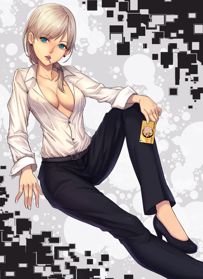 absurdres aqua_eyes belt blonde_hair blue_eyes blush breasts c_(control) c_the_money_of_soul_and_possibility_control candy cleavage collarbone dress_shirt earrings high_heels highres jennifer_satou jewelry jun_(goodgun7) lollipop long_hair mouth_hold no_bra open_clothes open_shirt ponytail shirt shoes silver_hair sitting solo