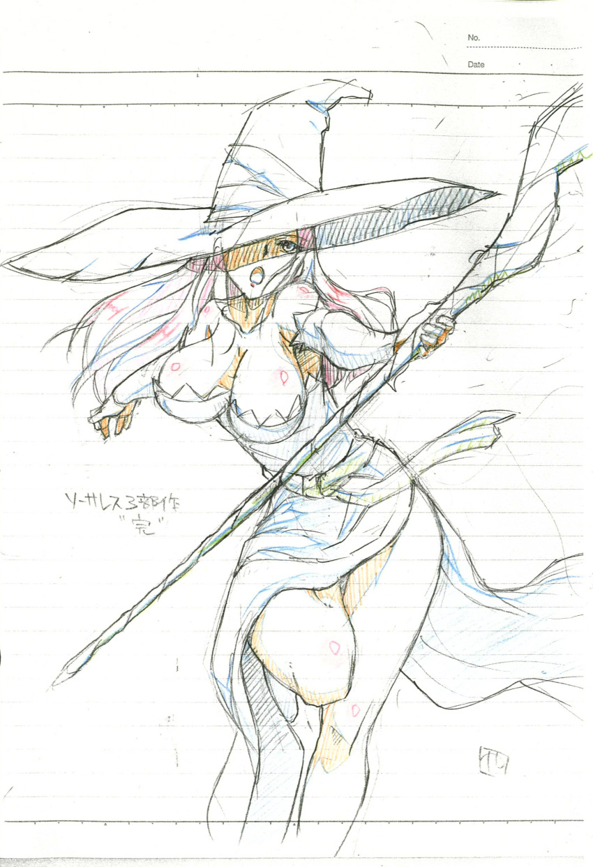 bare_shoulders breasts detached_sleeves dragon's_crown dragon's_crown dress hat hat_over_one_eye highres large_breasts long_hair side_slit sketch solo sorceress_(dragon's_crown) sorceress_(dragon's_crown) staff strapless_dress vanillaware witch_hat yamazaki_(now_printing)